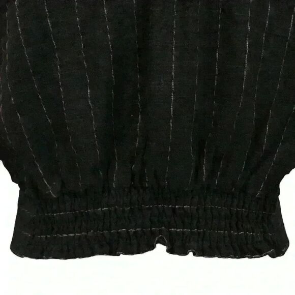 Oat New York Cropped Wrap Top Gray/Blue Linen Pinstripe Pullover Size Medium - Picture 6 of 10